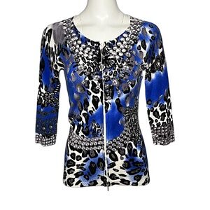 Cache Leopard Print Rhinestone Embellished Knit Cardigan Sweater Blue Size Small